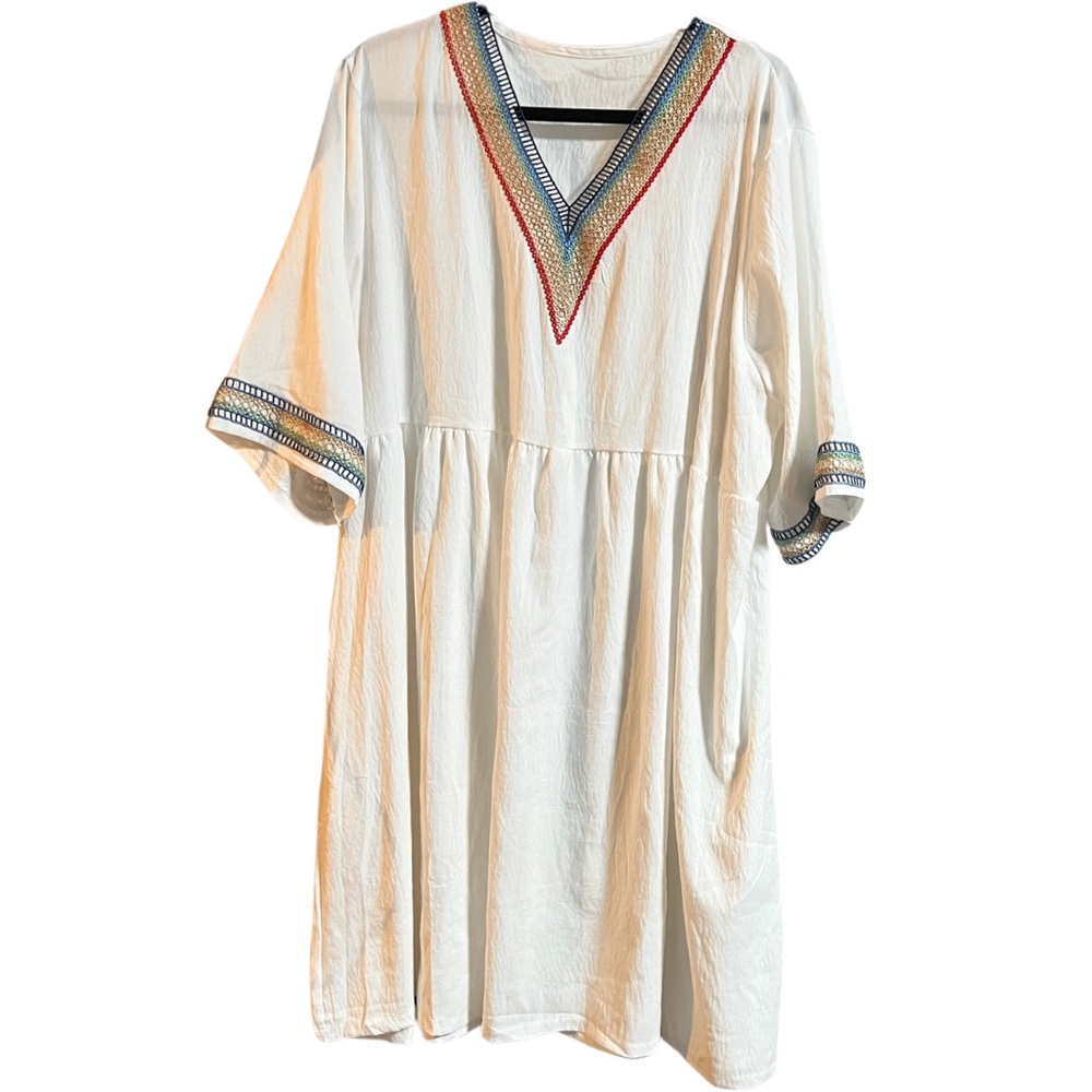 🪡 White Embroidered Boho Tunic Dress – Size 5XL